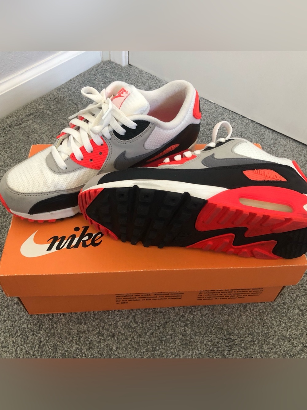 Nike Air Max 90 Athletic Sneakers in White, Gray & Infrared